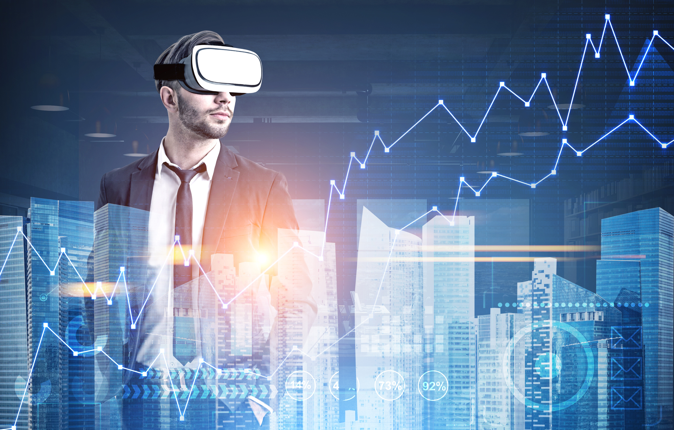 Businessman in VR glasses looking at graphs and HUD. He is standing aganinst a cityscape and an office background. Toned image double exposure mock up